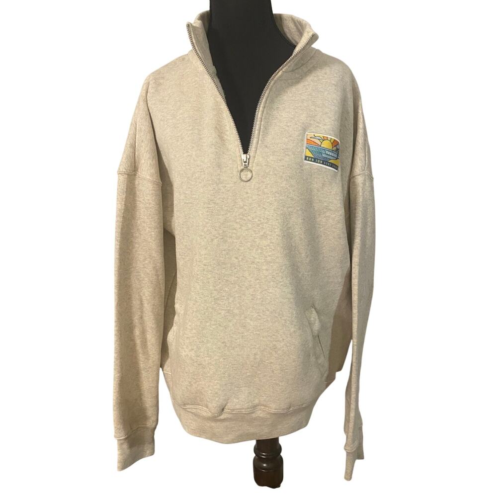 Ron‎ Jon Surf Shop Gray Quarter Zip Pullover Sweatshirt Logo Patch Large Cozy